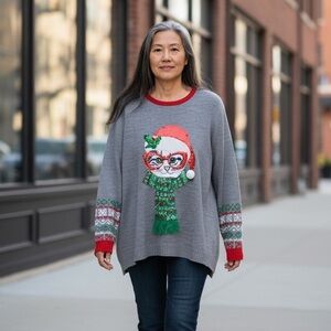 Festive Gray Sweater with Cat Design and Red Accents